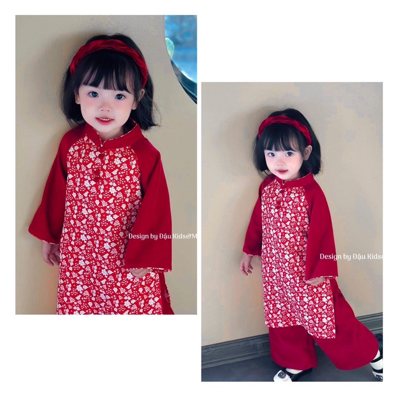 Áo dài Nhung tăm cho bé yêu - Đậu Kids Tặng Kèm bờm