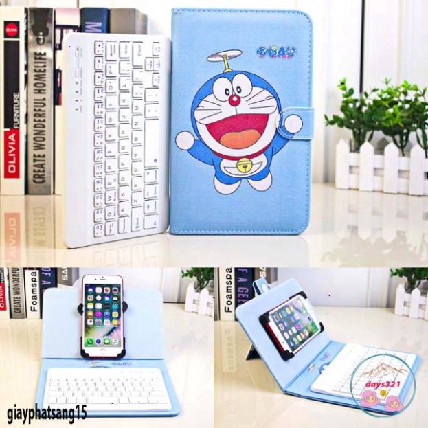 Bao Da Kèm keyboard Bluetooth HÌNH đô rê mon Cho Iphone / Android 4.5-6.8inch đazinăng doraemon