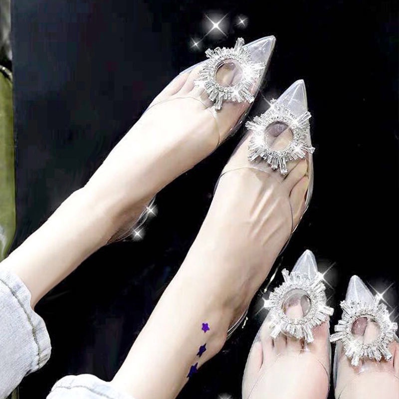 Giày Sandal Cao Gót Hở Mũi Phối Dây Trong Suốt Thời Trang Mùa Hè Cho Nữ