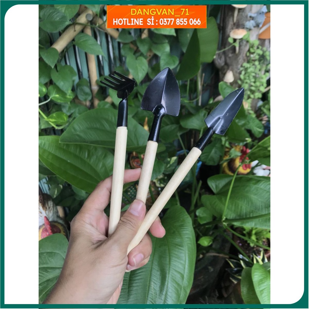Bộ Dụng Cụ Làm Vườn - Bộ Cuốc Xẻng Mini 3 Món Tiện Dụng Xinh Xắn lưỡi inox bền, cán gỗ, trồng sen đá xương rồng