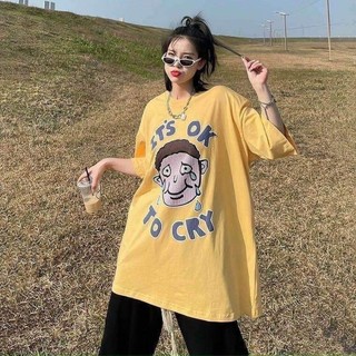 Áo phông cotton su mịn dáng rộng giấu quần hình mặt cry