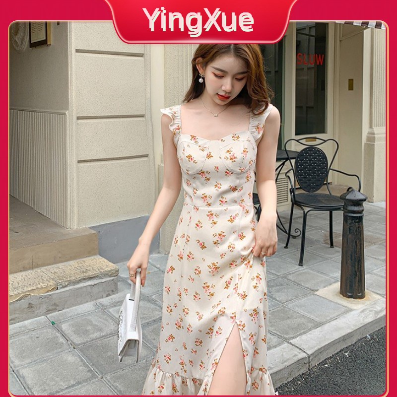 Đầm Hai Dây Dáng Ôm Xẻ Tà Họa Tiết Hoa Gãy Nhẹ Nhàng Phong Cách Pháp Cổ Điển Hàng Mới 202