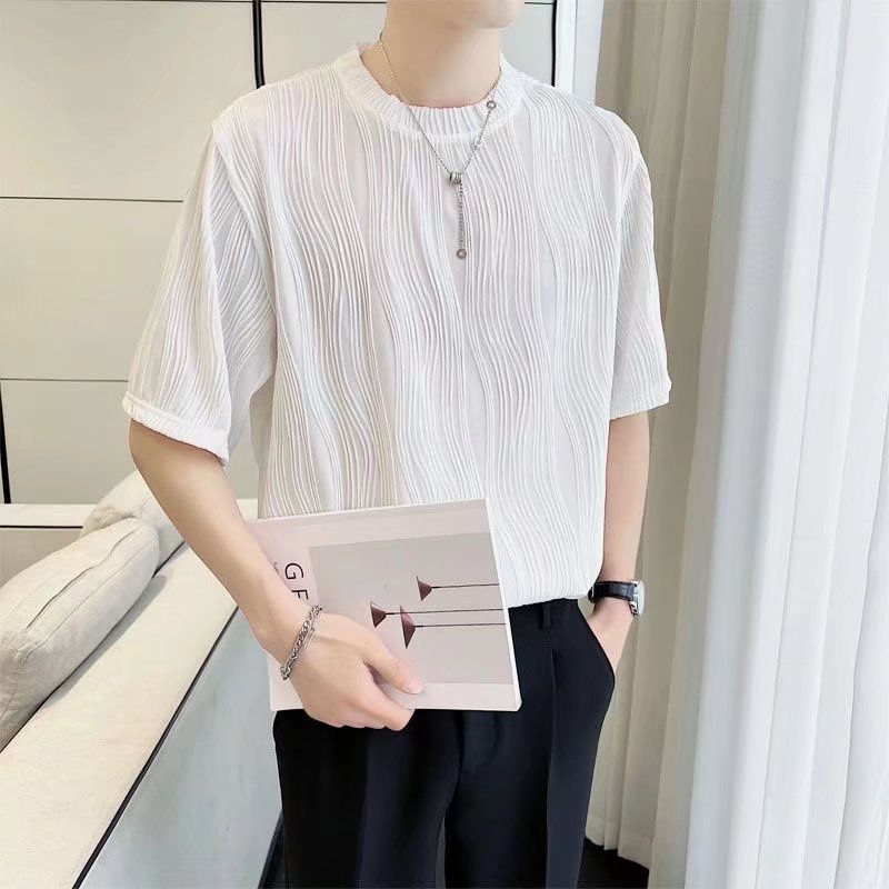 Thiết Kế Phong Cách Hàn Quốc Tay Ngắn Nam Xếp Ly Cổ Bán Cao Xếp Ly Màu Trơn Cổ Tròn Thường NgàyTÁo Sơ Mi Thời Trang Lụa
