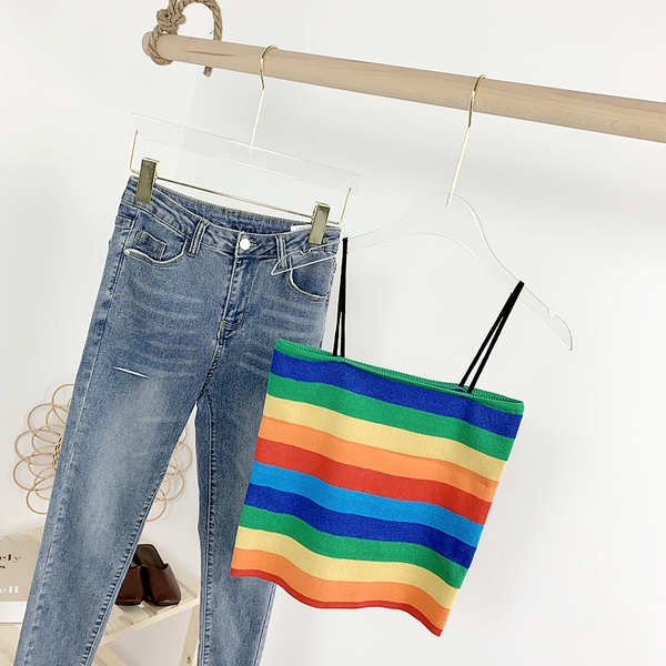 ♘Hyung Ya Wind Rainbow sọc dệt kim nhỏ thắt lưng ba lỗ nữ bên ngoài mặc mùa hè bên trong mặc áo lót không tay n