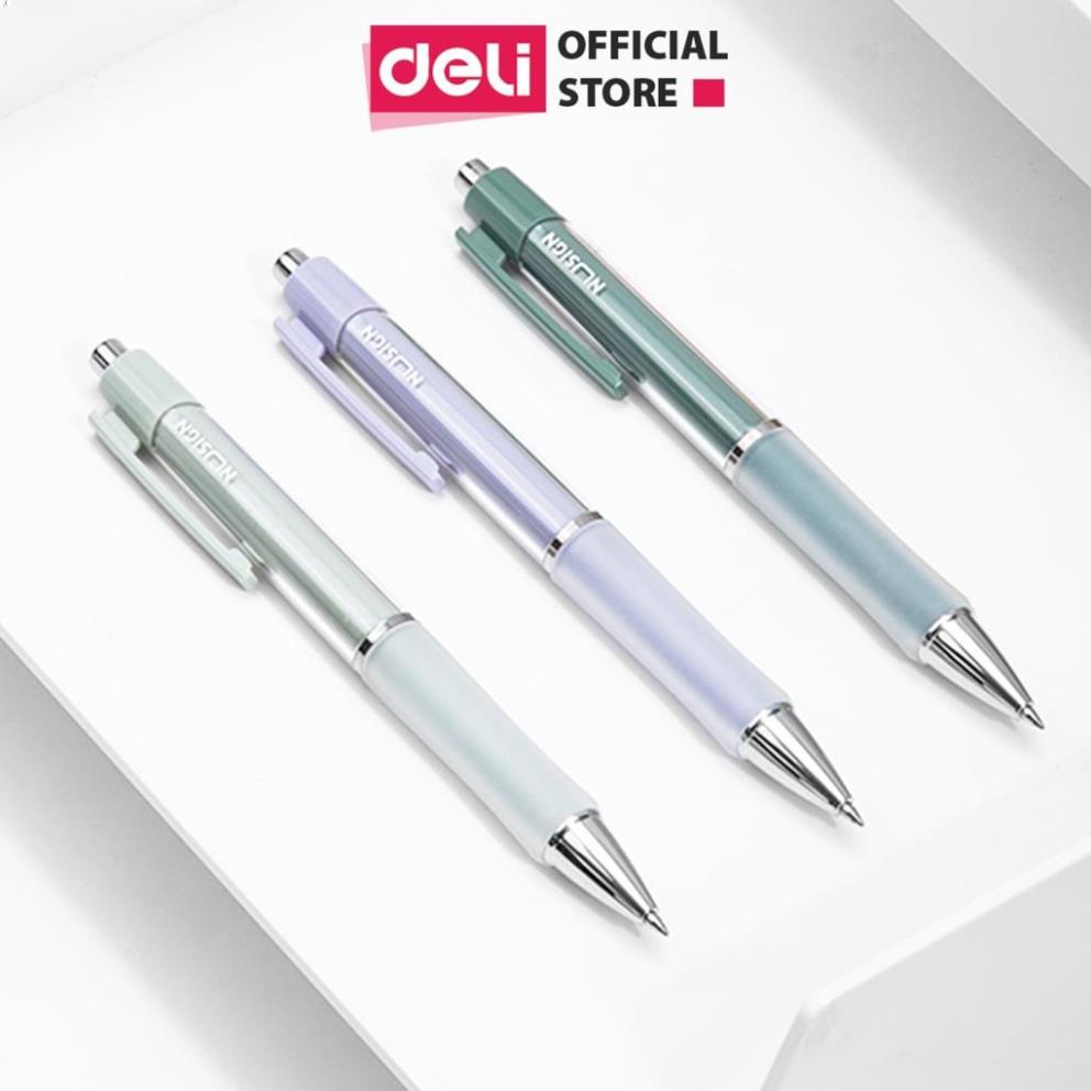 Bút bi dạng gel mực đen cao cấp Deli- ngòi 0.5mm đầu bấm - Xám/Xanh lá/Tím - NS645 .