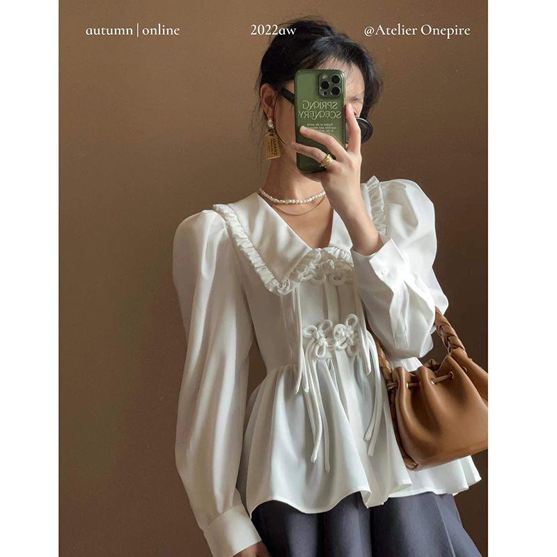 < Jiangnan Mùa Thu > Áo Sơ Mi Thắt Dây Eo Nhỏ Viền Hẹp Phong Cách Trung Hoa Hợp Thời Trang Dễ Phối Đồ 6.9