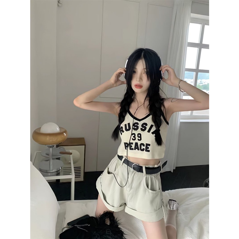 Retro American hot girl letter yếm trong mùa hè hot girl mỏng phần ngắn lộ rốn bên ngoài mặc bên trong bm top nữ