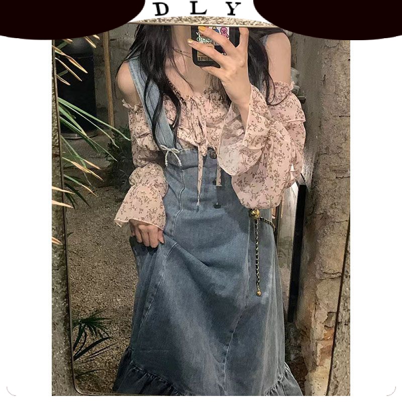 Váy Yếm Jean Dài   Bộ Đời Đồng Phục Với Áo Phông Hoa Và Màu Hồng