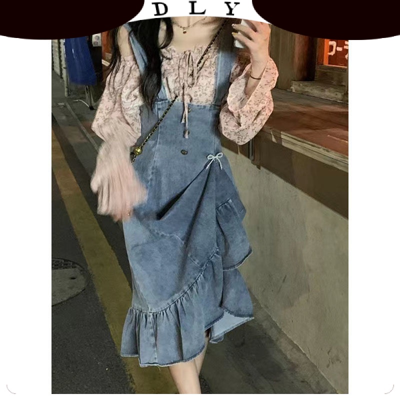 Váy Yếm Jean Dài   Bộ Đời Đồng Phục Với Áo Phông Hoa Và Màu Hồng