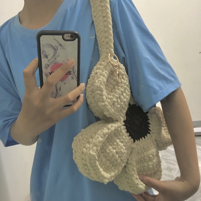 Túi hoa len nhung đũa móc len Handmade