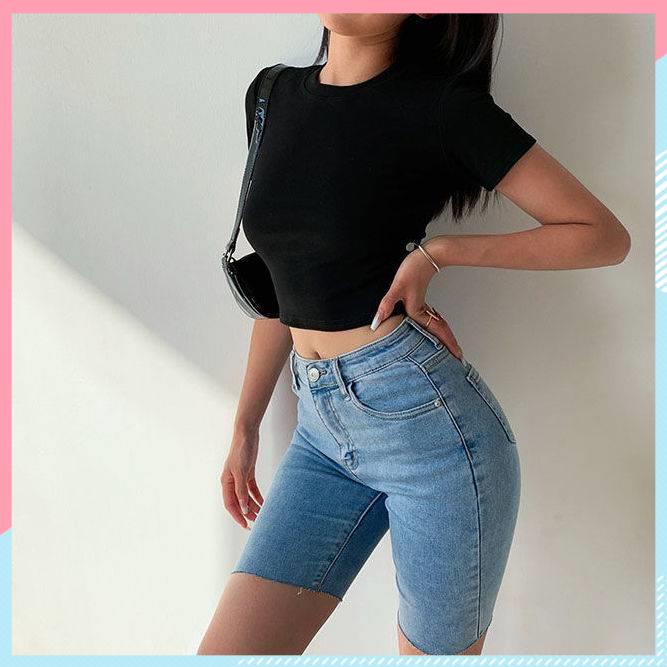 Livia Kim Ji-Ni Áo Thun Cotton Nguyên Chất Tay Ngắn Eo Cao Ôm Dáng Phong Cách Âu Mỹ Cho Nữ
