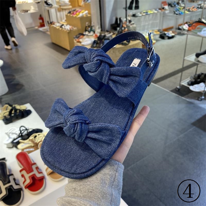 Giày Xăng Đan Cổ Thấp Quai Denim Đính Nơ Thời Trang Mùa Hè 2023 Phong Cách Mới Cho Nữ