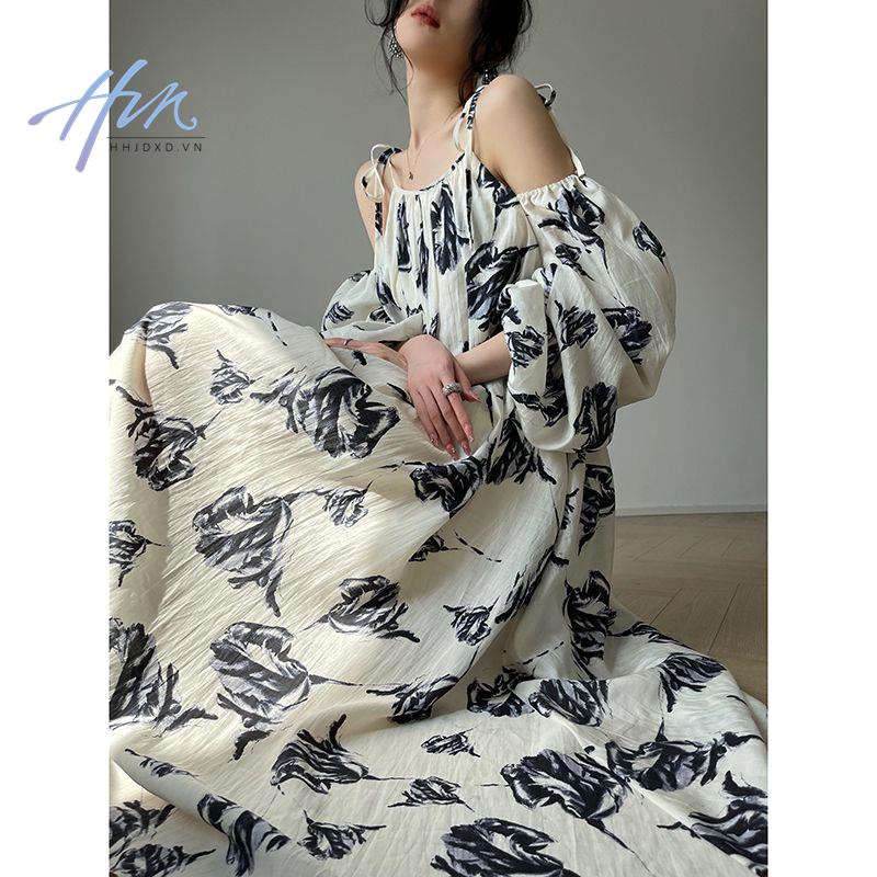 Đầm Dài Hai Dây In Họa Tiết Phong Cách Retro Pháp