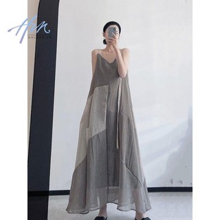 Đầm Hai Dây Dáng Dài Màu Sắc Tương Phản Phong Cách Retro Dành Cho Nữ