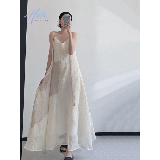Đầm Hai Dây Dáng Dài Màu Sắc Tương Phản Phong Cách Retro Dành Cho Nữ