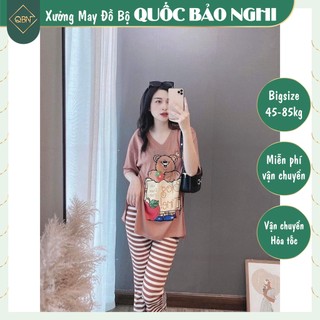✴Đồ Bộ Nữ Mặc Nhà, Đồ Bộ Trung Niên Bigsize Nữ Quần Loe Sọc Áo In Gấu Xẻ Tà Mặc Nhà Đi Chơi Đẹp