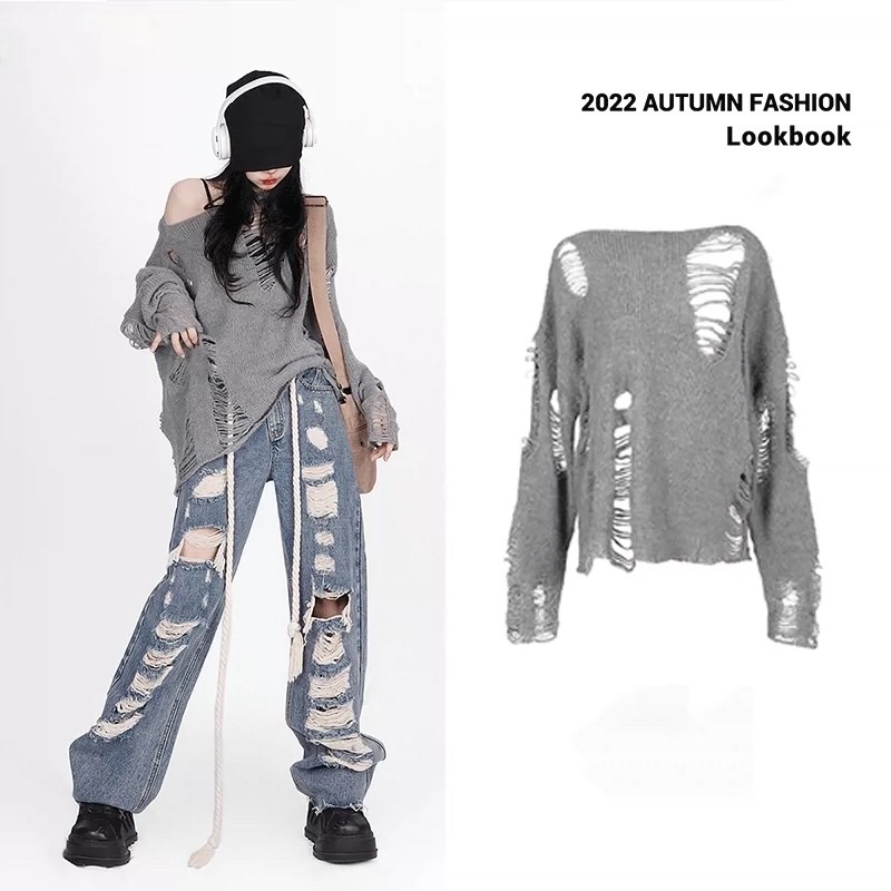 Áo len lưới rách mỏng phong cách Acubi,y2k