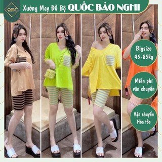Set Đồ Bộ Nữ  Quần Lửng Thun Gân Áo Phối Túi Sọc Túi  Xẻ Tà Bigsize Mặc Nhà