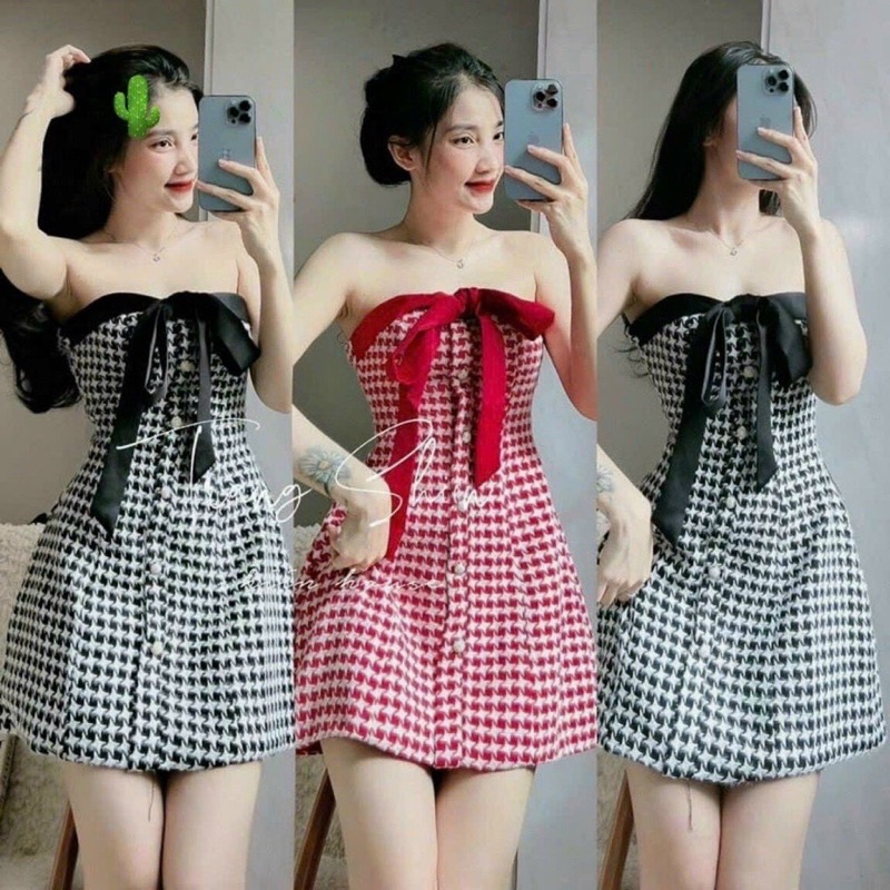 Váy đầm nữ chất caro bố cúp ngực cài nút phối nơ lụa xinh xắn Vip 170
