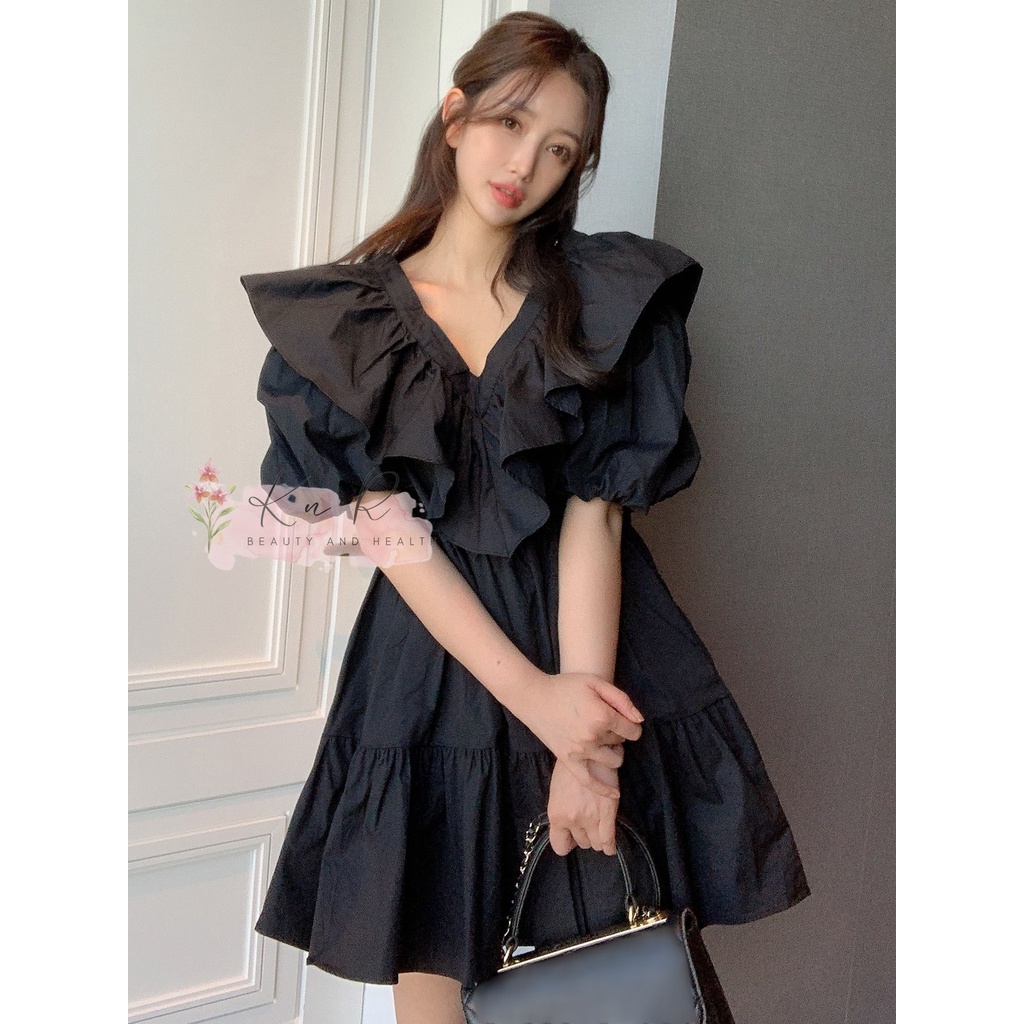 Đầm BabyDoll Tay Phồng Nhún Bèo Tiểu Thư, màu đen, kèm clip và hình ảnh thật sản phẩm.