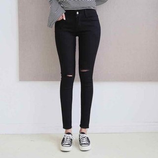 Quần jean đen nữ Lưng Cao Co Giãn cao cấp-Jeans nữ đen rách gối cao cấp