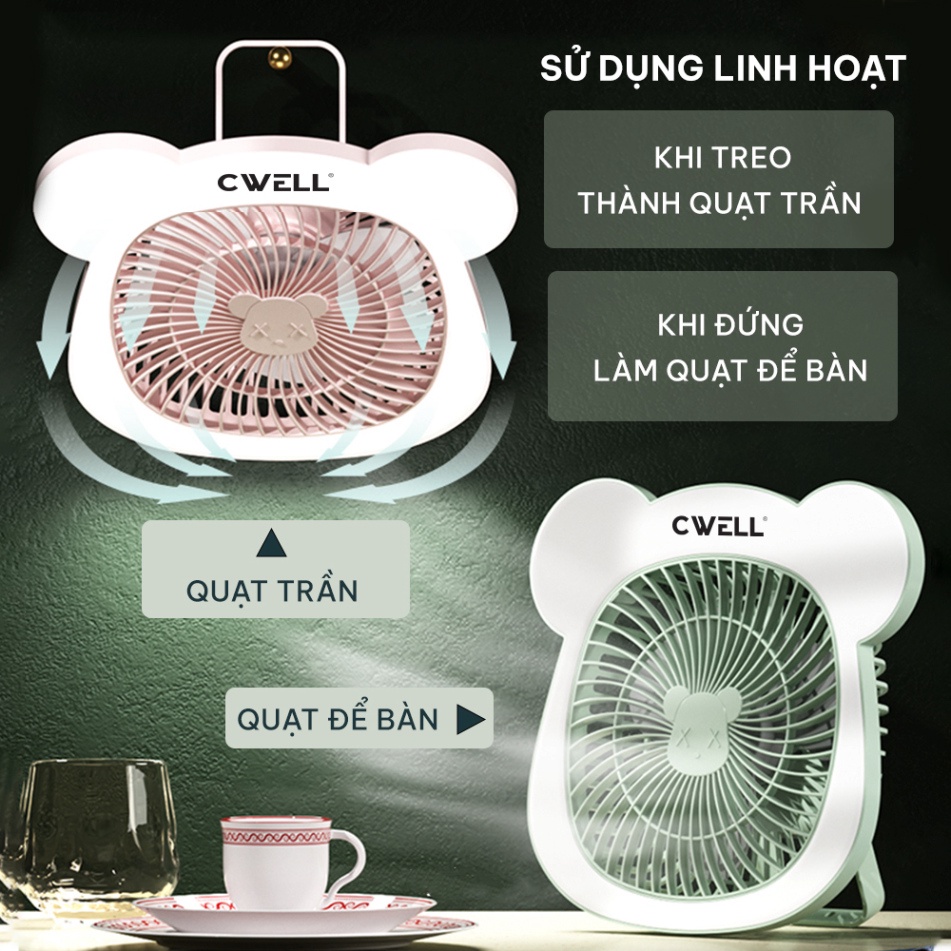 Quạt mini để bàn, Quạt năng lượng kiêm quạt Có Đèn Led, quạt máy 3 vận tốc gió, Pin khủng, Xoay 180 độ xịn CWELL