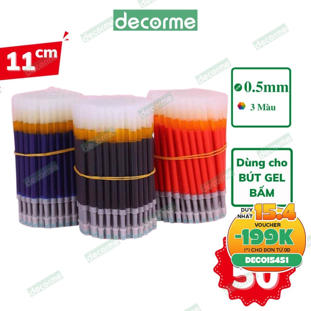 Ngòi bút bấm DecorMe ruột bút 11cm mực gel đen xanh đỏ ngòi 0.5mm dành cho bút gel bấm mực khô nhanh viết trơn mượt