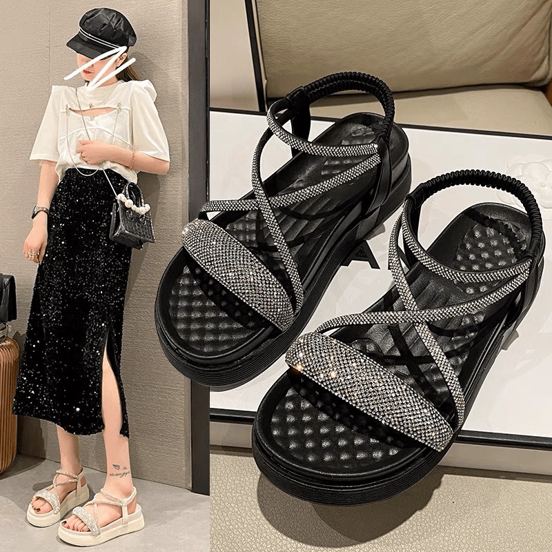 Giày sandal nữ quai ngang SD CƯỜM đính đá bản to hàng QC đế cao 4p 2 màu đen/kem mẫu mới hot trend xinh rẻ đẹp mẫu mới d