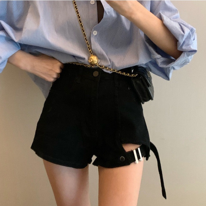 Quần Short Denim Đen Dáng Chữ A Lưng Cao Thời Trang Mùa Xuân Cho Nữ