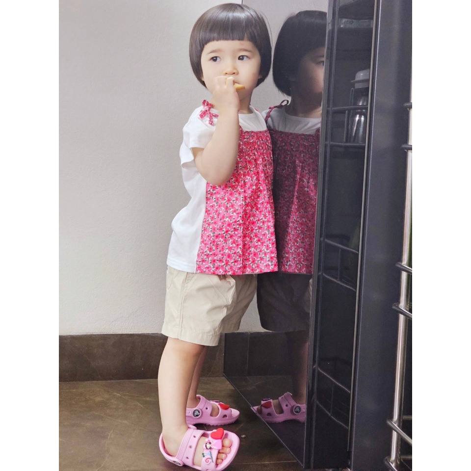 Áo xuất Hàn cotton phối thân thô chấm bi / hồng hoa nhí size 100 - 140