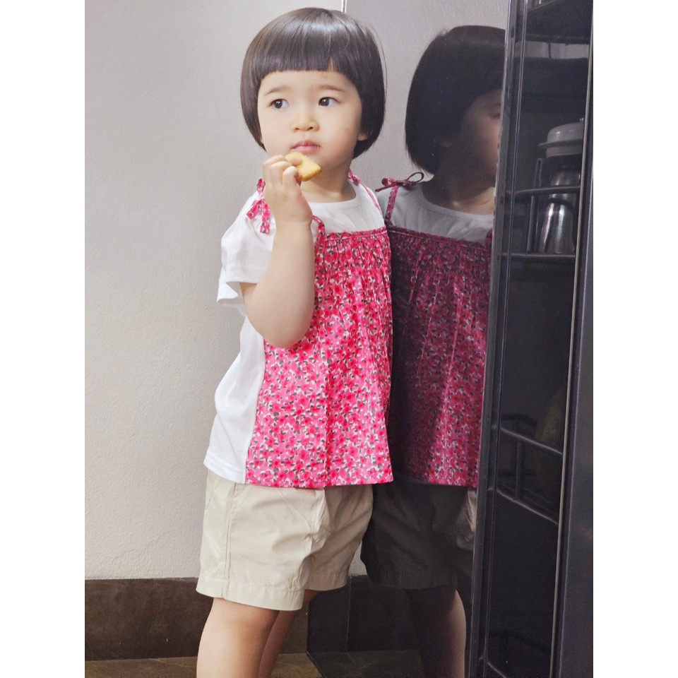 Áo xuất Hàn cotton phối thân thô chấm bi / hồng hoa nhí size 100 - 140