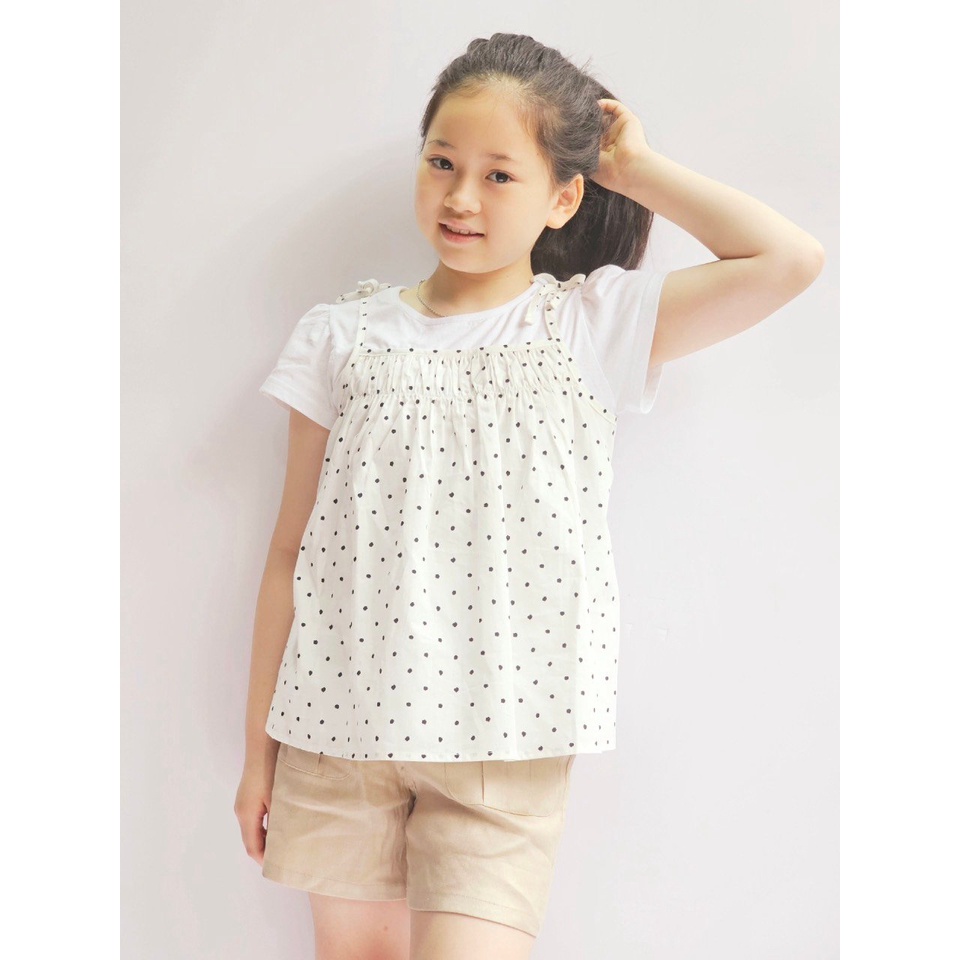 Áo xuất Hàn cotton phối thân thô chấm bi / hồng hoa nhí size 100 - 140