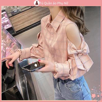 O S Mi N L a M Qu C Quy N Áo Sơ Mi Caro Trễ Vai Dài Tay Phong Cách Hồng Kông Sang Trọng Cho Nữ