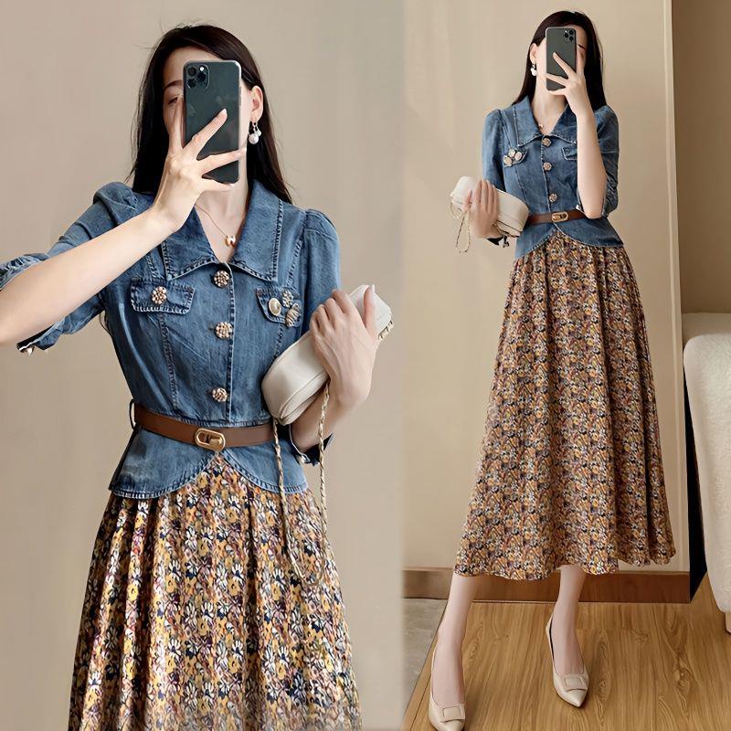 Puruiti2023 Đầm denim Xuân Hè Tay Lửng Ghép Nối Eo Vừa Ghép Nối Họa Tiết Hoa Cổ Điển Cao Cấp Cho Nữ