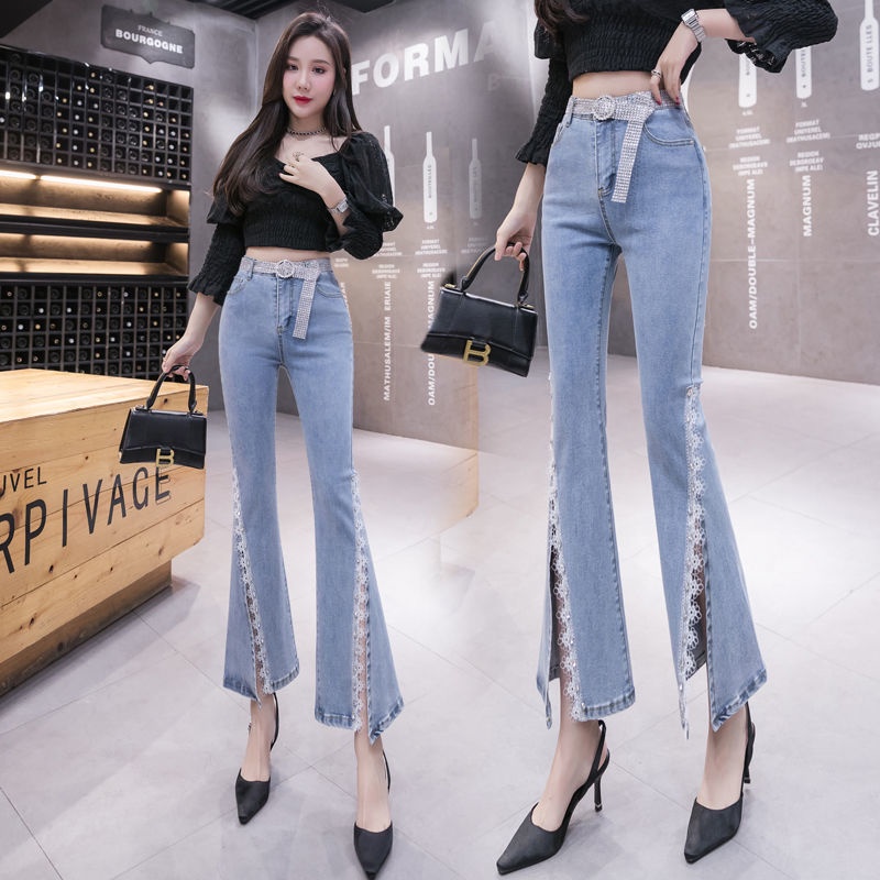 Quần jeans Lửng Lưng Cao Ống Loe Đính Hạt Thời Trang Hàn Quốc Mới Cho Nữ