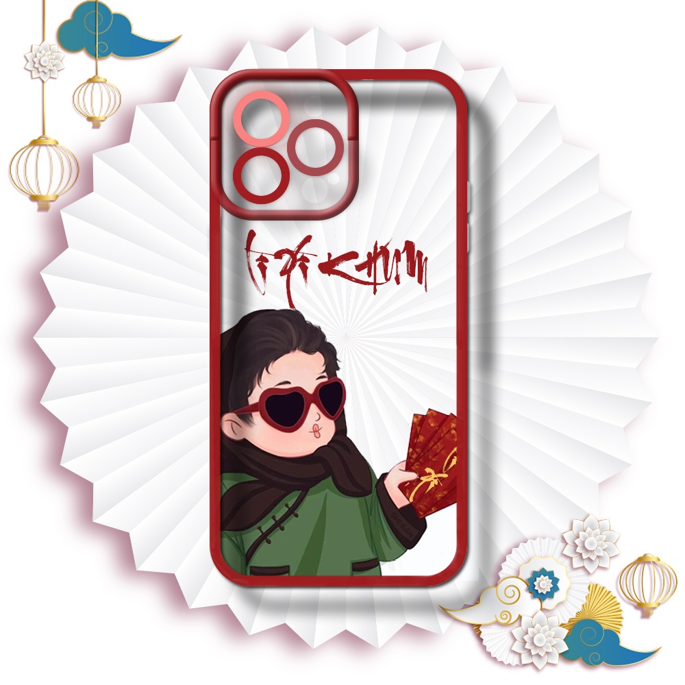 Ốp iphone cạnh vuông hình cô gái kèm chữ đỏ lì xì ngày Tết chất liệu nhựa dẻo bền đẹp