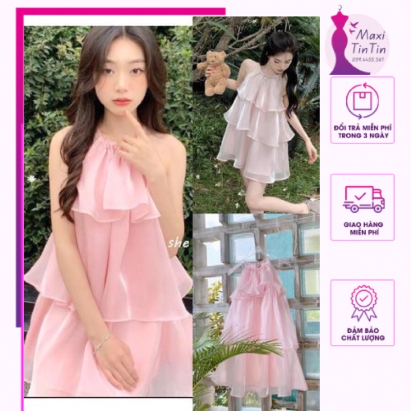 Đầm Váy cổ yếm váy tơ xoè ba tầng váy baby doll dáng xoè màu hồng phấn đẹp mê mẩn phong cách nàng thơ vintage