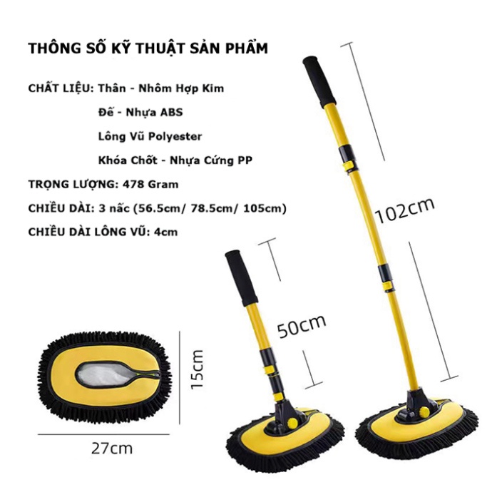 Chổi rửa xe ô tô cán dài 3 đốt tiện lợi siêu bền
