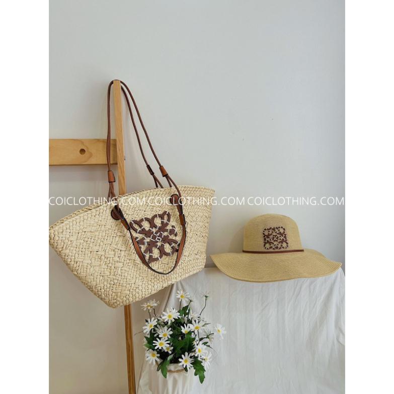 ẢNH THẬT - Túi cói 2 quai logo gỗ LOE WE siêu hot