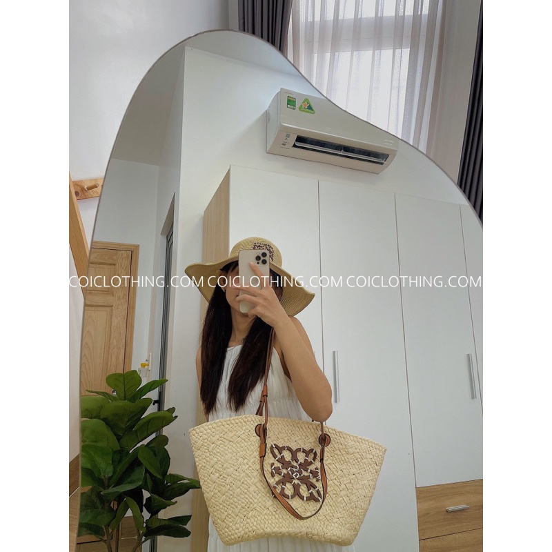 ẢNH THẬT - Túi cói 2 quai logo gỗ LOE WE siêu hot