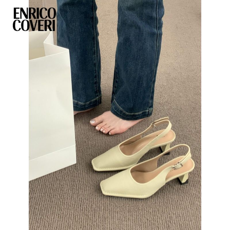 ☃﹍☼ENRICO COVERI Nhẹ Nhàng Phong Cách Cổ Tích Giày Dạ Hội Kèm Váy Xăng Đan Bao Đầu Nữ Cao Gót Lưng Trống Giày Đơn