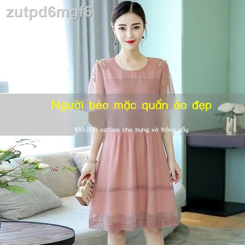 (Giá Hủy Diệt)♂Váy hè nữ size lớn che bụng giấu thịt Đầm voan chị béo giảm tuổi mỏng phong cách nước ngoài 200 catties