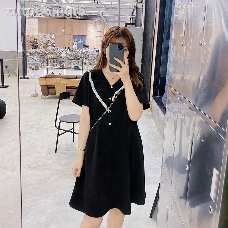 ▬☑✳Thun Size Lớn Đầm Nữ Rời Mỡ mm2021 Mới Cổ Chữ V Màu Tai Gỗ Bên Bao Thịt 200 Catties