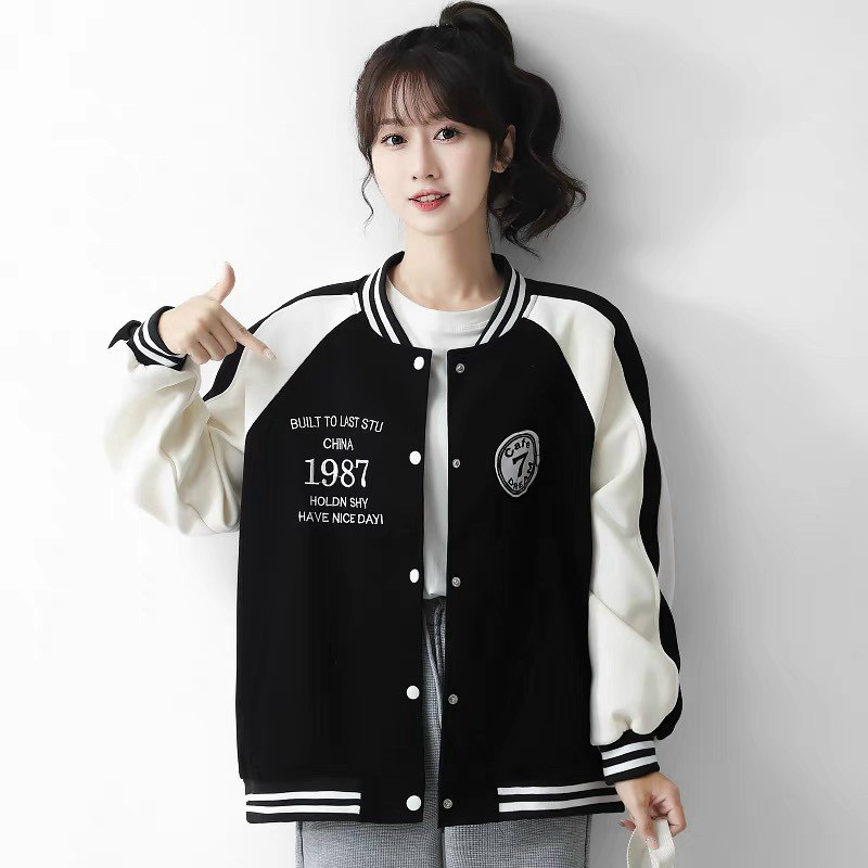 Áo Khoác Bomber Nữ Vải Nỉ Dày In 1987 Phối Tay Cao Cấp NEW UNISEX