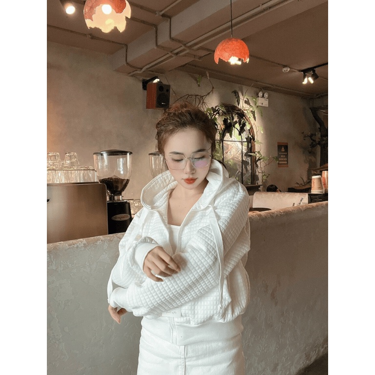 Áo Khoác Nỉ Dập Nổi Nữ Dây Khóa Kéo Nón Lớn Dây Rút Bản To Túi Lớn Hot Trend Kyt_Fashion