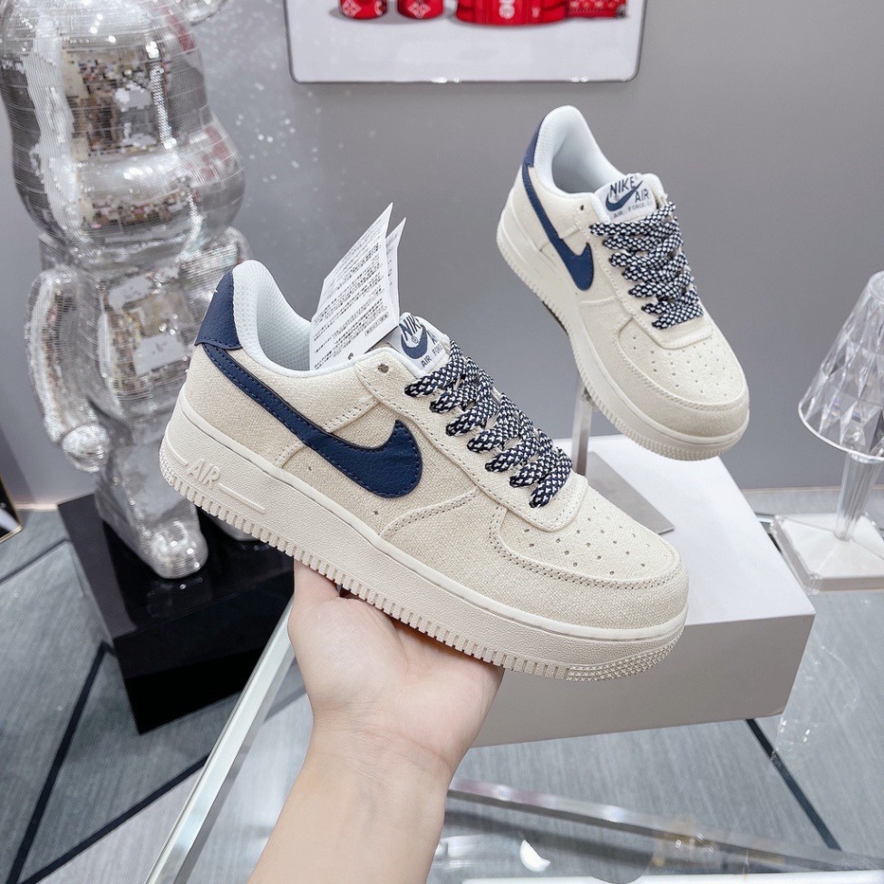 Giày Nike Air Force 1 AF1 Trắng Kem Custom Vải - Giày Sneaker Nam Nữ Thể Thao Cổ Thấp Cao Cấp Full box + Bill