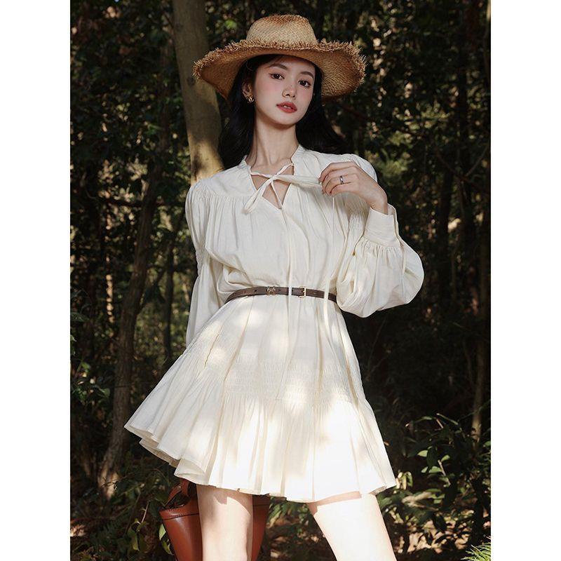 Đầm Công Chúa Búp Bê Tay Phồng Cổ Chữ V Buộc Dây Eo Kiểu Retro Đơn Giản Cho Bạn Gái