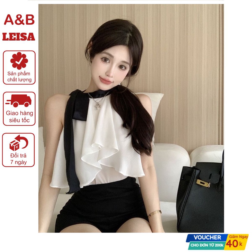 Áo cổ yếm bèo Leisa có cổ thắt nơ, Áo chiffon hở vai vải voan tiểu thư phong cách Hàn Quốc