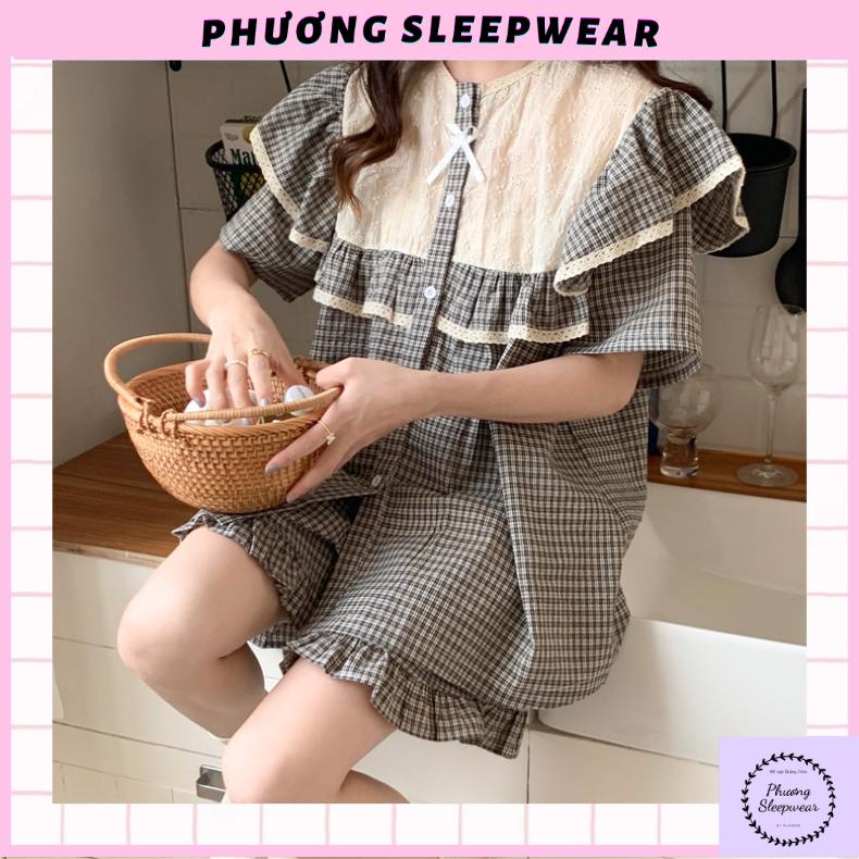 SET BỘ NGỦ MẶC NHÀ CARO ĐEN CỘC TAY PHỐI BÈO CUTE