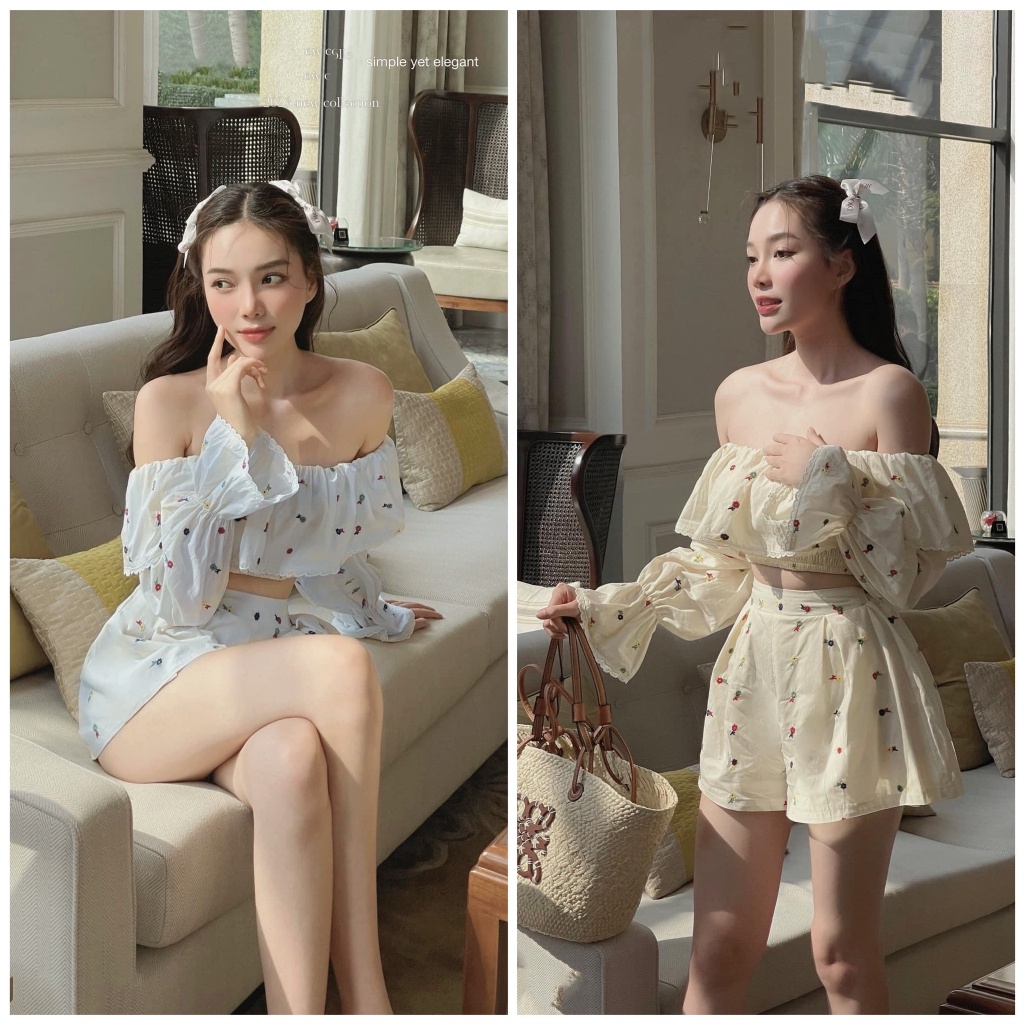 Set bộ nữ áo croptop thêu hoa trễ vai viền ren kèm quần short (nude trắng) Freesize Hari Fashion - BT255 HR